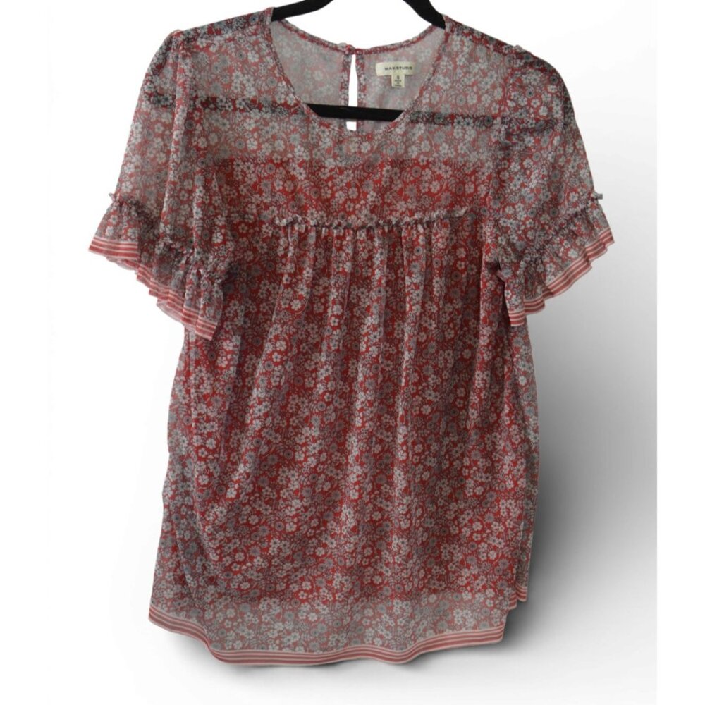 Max Studio Floral Boho Peasant Blouse Red White Size: S Small